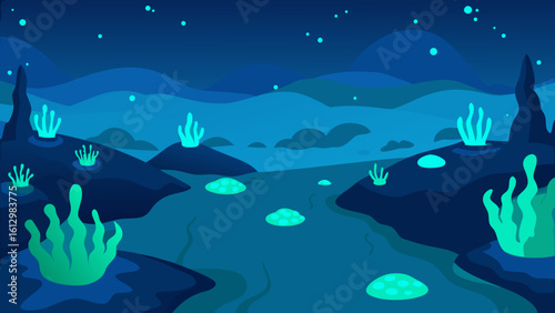Deep blue ocean life: A nocturnal underwater world with marine creatures, illuminated by the night sky over a snowy winter landscape