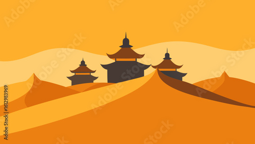 Vector illustration of an ancient castle and temple with a desert landscape at sunset, featuring mountains and a vibrant orange sky