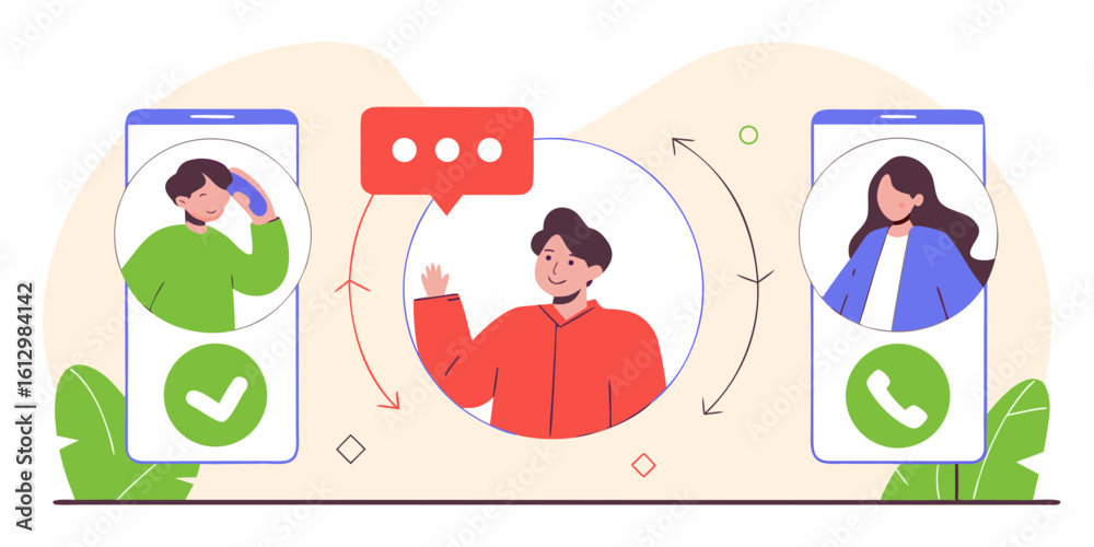 Fototapeta premium Modern illustration of people communicating via smartphone calls and messages