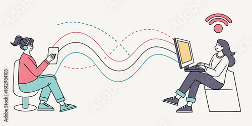 Two people communicating wirelessly through digital devices and data waves