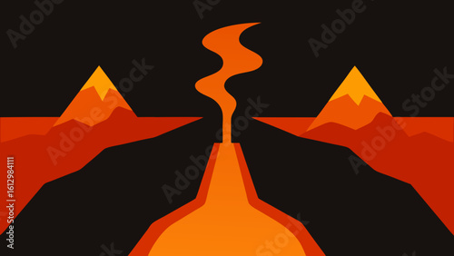 Illustration of a burning fire in the twilight sky over a mountain landscape with an orange sun