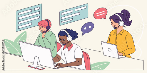Diverse team of customer service agents working together in a call center
