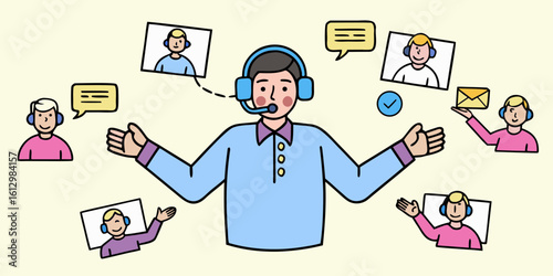 Customer service representative connecting with clients through various communication channels