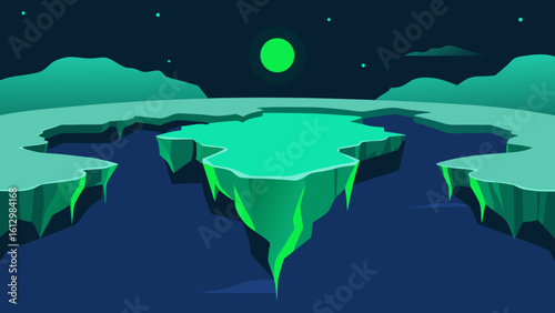 A vibrant 3D render of a world map emerges from abstract blue ocean waters, illuminated by a distant light