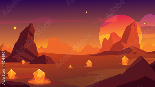 Vibrant sunset landscapes paint the sky over mountains and desert horizons, with orange hues reflecting on water and silhouetted trees