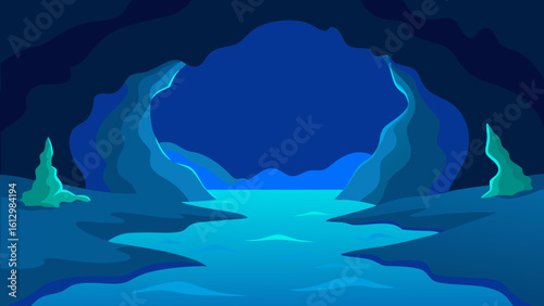 Blue ocean landscape with a massive iceberg, sunlight reflecting on the water, and distant mountains under a cloudy sky