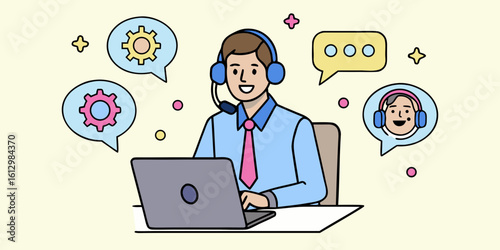 Customer service representative with headset and laptop communicating with clients