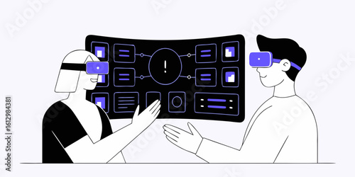 Two people wearing vr headsets interact with a futuristic digital interface