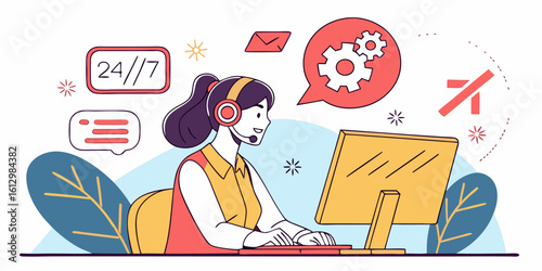 Customer service representative working at a computer with 24 7 support icons