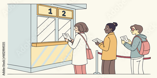 Diverse people in line at a service counter with numbered windows