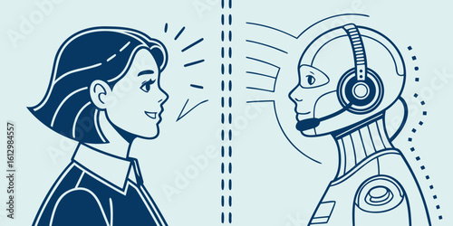 Woman talking to a robot with a headset and microphone