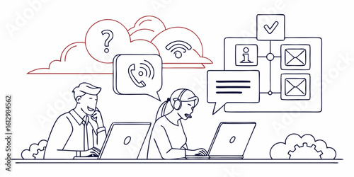 Customer service team working with laptops and communication icons