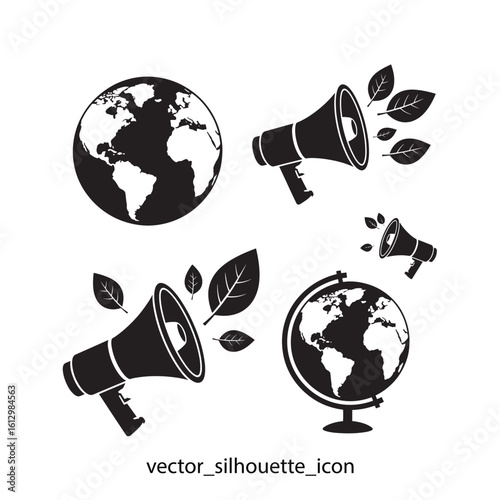 Ecological Awareness Promotion Featuring Globes, Megaphones, and Leaves Highlighting Environmental Concerns and Encouraging Proactive Conservation Strategies