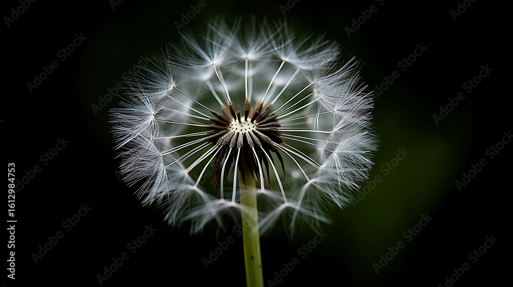 Fototapeta premium A delicate dandelion seed head with fluffy white seeds against a dark background