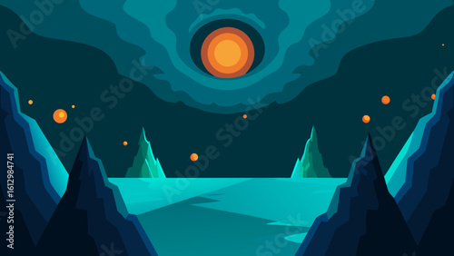 Winter night landscape with snow, moon, and stars over mountains and a lone tree