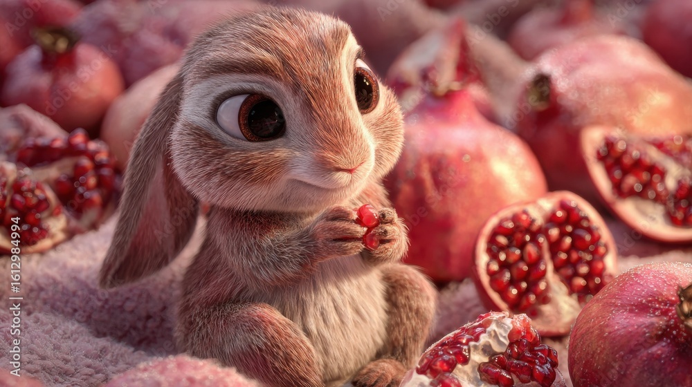 Naklejka premium Cute Bunny with Pomegranates in Colorful and Playful Setting