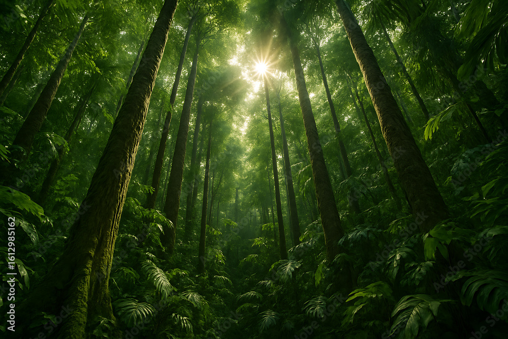 Obraz premium A low-angle view of a lush green forest with sunlight streaming through the trees.