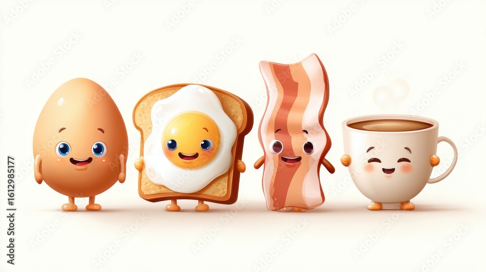 Obraz premium Cute Cartoon Breakfast Characters Including Egg, Toast, Bacon, Coffee