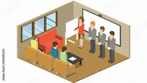 Isometric view of a meeting room with presenter and audience in a corporate training session setting