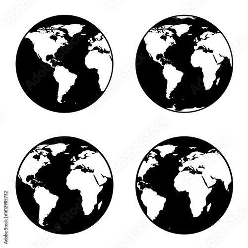 Four Black and White Globe Icons Showing Different Hemispheres of the Earth
