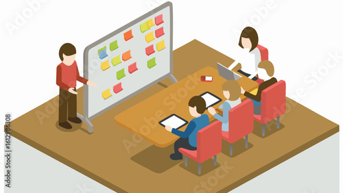 Illustration of a business meeting with a presenter and attendees using tablets and a whiteboard with notes