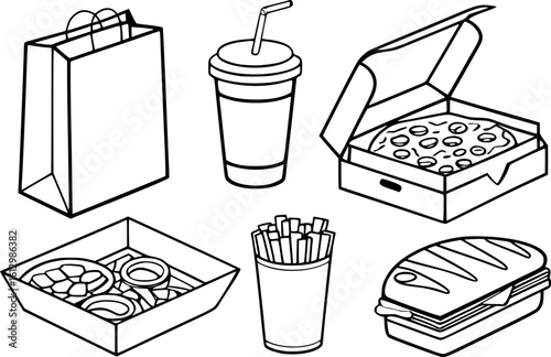 Minimalist Line Art of Fast Food Takeout Containers – Pizza Box, Coffee Cup, Chinese Box, Burger Clamshell, and More in Clean Black-and-White Style