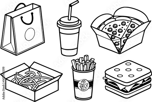 Minimalist Line Art of Fast Food Takeout Containers – Pizza Box, Coffee Cup, Chinese Box, Burger Clamshell, and More in Clean Black-and-White Style
