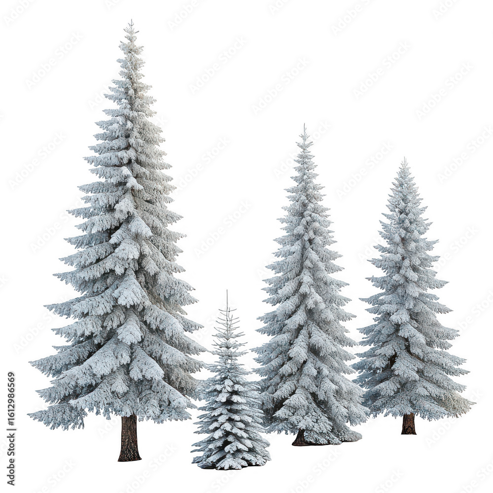 Obraz premium Group of snow covered pine trees isolated on transparent background