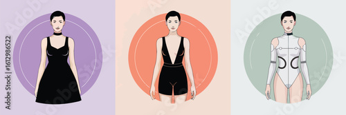 Fashion Forward: A stylish woman showcases a trio of chic outfits, each embodying elegance and contemporary design, set against a backdrop of artistic circles, representing diverse fashion statements.