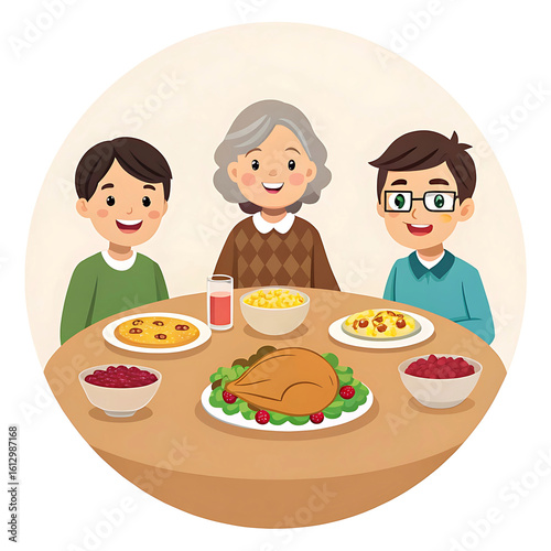 Happy thanksgiving family dinner enjoying a festive meal together at a round table