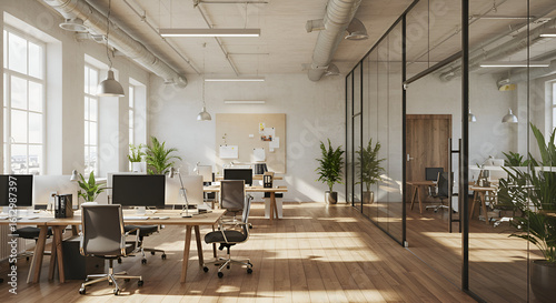 Fototapeta Naklejka Na Ścianę i Meble -  A modern, open-plan office space showcases minimalist design, natural light, and stylish furniture, great for advertising a contemporary and collaborative work environment.