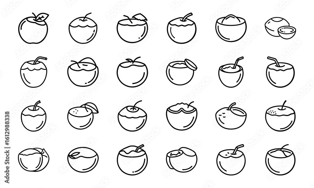 Fruit, Juice, and Beverage Line Icon Set – Outline Vector of Avocado, Citrus, Apple, Pineapple, Papaya, Drink Bottles, Wine, Coffee Cup, and Smoothies

