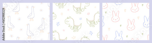 Kids drawings, seamless patterns set. Endless backgrounds with cute hand-draw...