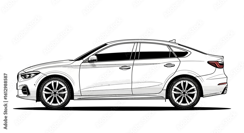 Naklejka premium Side view of a modern generic sedan. A sleek white automobile illustration isolated on a white background.