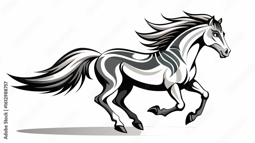 Obraz premium Fast galloping black and white horse casting shadow while art minimalist. silhouette concept