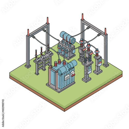 Isometric illustration of an electrical substation with transformers and power lines