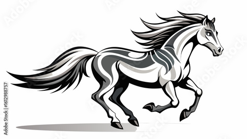 Fast galloping black and white horse casting shadow while art minimalist. silhouette concept