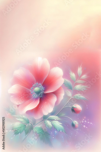 Light red flower, soft petals, green leaves, water droplets, pink-purple gradient background, delicate, ethereal. Use for greeting, valentine, mother's day card
