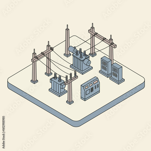 Isometric Illustration of an Electrical Substation with Transformers and Power Lines