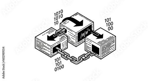 Isometric illustration of a blockchain concept, depicting interconnected data blocks, cryptographic chains, and binary code for transactions.