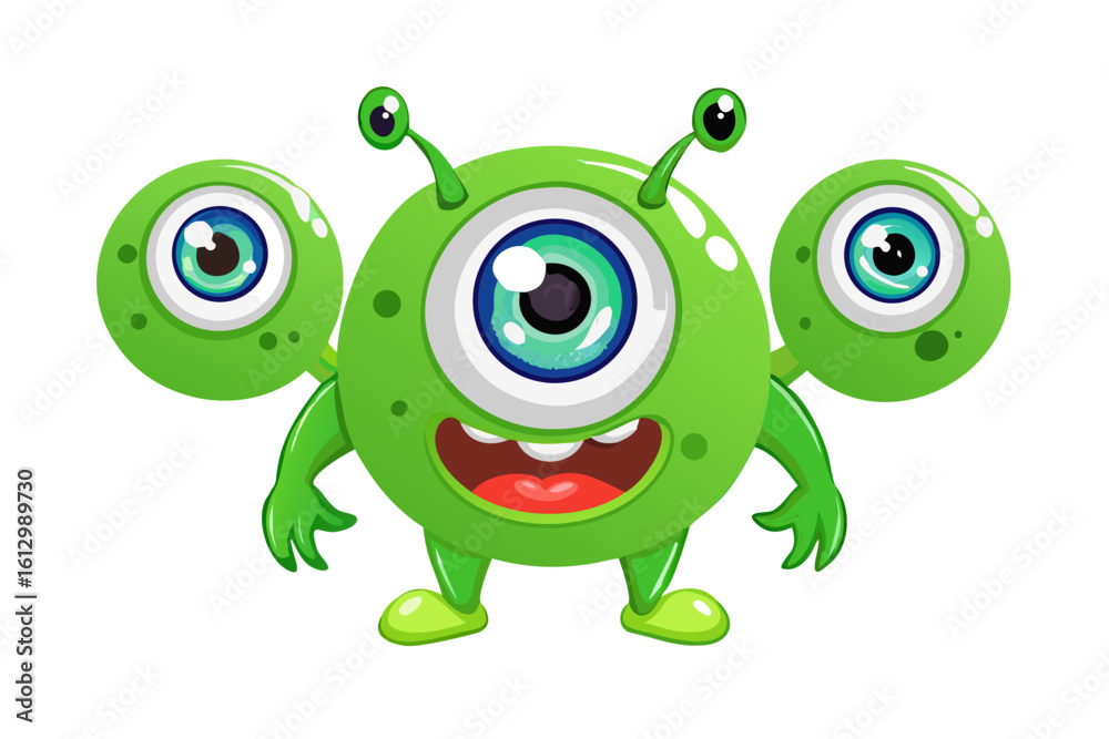 Obraz premium Cute green alien with three eyes and antennae