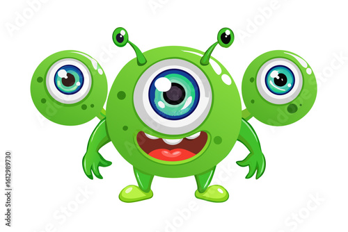 Cute green alien with three eyes and antennae