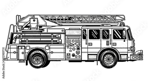 Detailed black and white illustration of a fire ladder truck. Emergency response vehicle for firefighting and rescue operations.