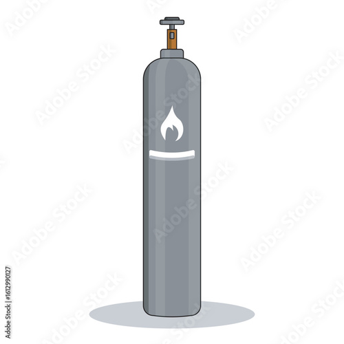 Tall gray gas cylinder vector with flame symbol, suitable for safety illustrations, industrial energy storage, propane or butane containers, fire hazard labels, and equipment instruction graphics.