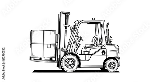 Industrial forklift truck lifting a pallet with cargo boxes. A black and white vector illustration for warehouse and logistics concepts.