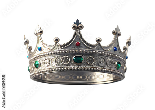 Ornate silver royal crown adorned with colorful gemstones on black background