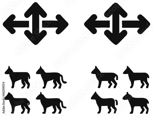 Arrows direction pointer guide dog animal silhouette vector graphic design illustration movement navigation 100 on transparent background
