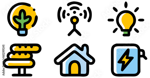 Illustration of energy efficiency sustainability green technology innovation smart home and power solutions icons on transparent background
