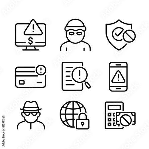 Digital security fraud alert icons. Outline symbols. Line design