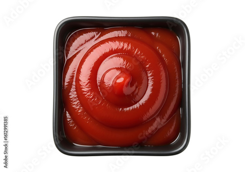 Ketchup or tomato sauce swirled in a black square bowl, top down view. Isolated on transparent background, png